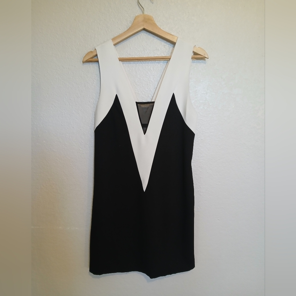 ZARA Black & White Double V-Neck Mini Dress Mesh Inserts Stretchy Sleeveless